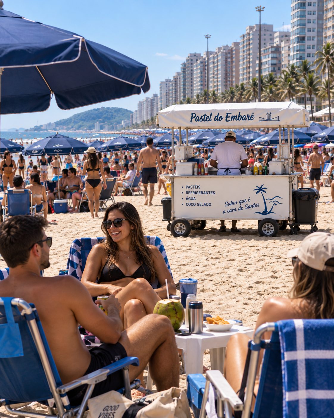 Quiosque de praia cheio em dia de sol, com clientes sentados nas cadeiras e o carrinho ao fundo