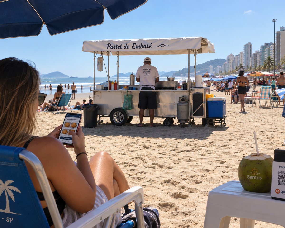 Cliente sentada na praia de Santos fazendo o pedido pelo celular, de frente para o carrinho de pastel